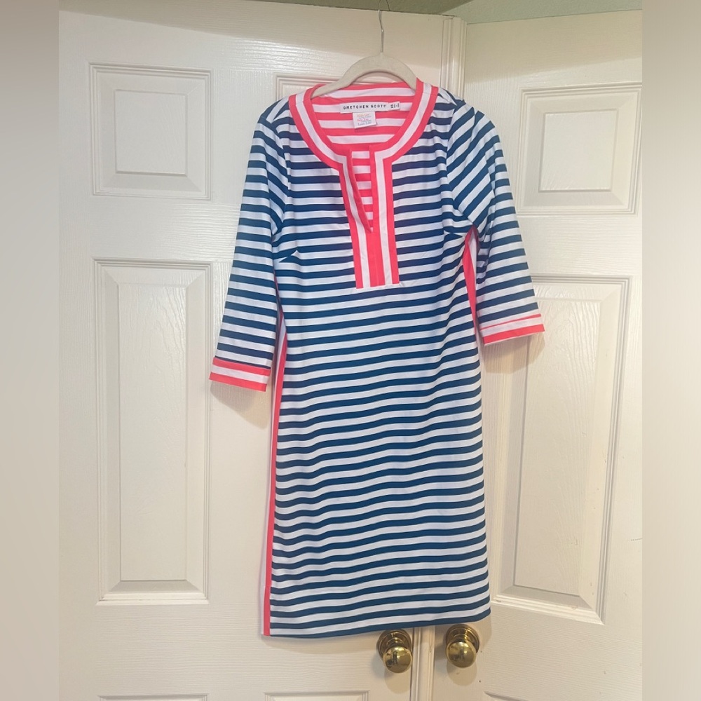 GRETCHEN SCOTT Hinckley Navy, White, Orange Jersey Tunic‎ Dress Sz XS sporty